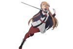  1girl adachi_shingo alternate_costume asuna_(sao) brown_eyes brown_hair gloves highres holding holding_sword holding_weapon long_hair red_legwear simple_background solo sword sword_art_online transparent_background weapon white_gloves 