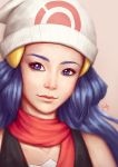  00s 1girl artist_name bare_shoulders beanie beige_background black_shirt blue_eyes blue_hair closed_mouth eyebrows eyebrows_visible_through_hair hat highres hikari_(pokemon) long_hair looking_at_viewer pink_lips pokemon pokemon_(game) pokemon_dppt poppyminty portrait realistic red_scarf scarf shirt signature simple_background sleeveless solo tank_top upper_body white_hat 