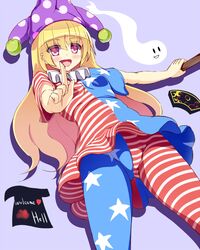  1girl american_flag_legwear american_flag_shirt black_hat blush breasts clothes_writing clownpiece crescent eyebrows eyebrows_visible_through_hair from_below ghost hair_between_eyes hat hat_removed headwear_removed highres holding horizontal_stripes index_finger_raised jester_cap lavender_background liya long_hair pantyhose pink_eyes pink_hat polka_dot shirt_removed short_sleeves simple_background small_breasts standing star star_print striped torch touhou very_long_hair 