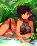  1girl a_k_o arm_support bare_legs bare_shoulders barefoot bikini black_bikini blush breasts cleavage collarbone flower hair_flower hair_ornament hibiscus highres large_breasts long_hair looking_at_viewer lying on_side outdoors reflection shadow skin_tight solo swimsuit twintails water water_drop yellow_eyes 