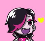  &gt;:3 &gt;:d 1boy :3 :d android black_hair brown_eyes chibi eyelashes eyeshadow fang grey_skin gyate_gyate hair_over_one_eye heart looking_at_viewer lowres makeup male_focus mettaton mettaton-ex mettaton_ex multicolored_hair open_mouth pink_background robot simple_background smile solo spoilers two-tone_hair undertale upper_body yaruky 