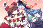  2girls :d ^_^ ascot bags_under_eyes bare_shoulders blue_hair blush bow broom brown_hair closed_eyes commentary d: detached_sleeves dress facing_viewer food fruit glomp gradient gradient_background hair_bow hair_tubes hakurei_reimu halftone halftone_background heart hinanawi_tenshi hug incipient_hug layered_dress lazy_eye long_dress long_hair looking_away multiple_girls open_mouth peach polka_dot polka_dot_background red_eyes sash shaded_face smile spoken_squiggle squiggle t.m_(aqua6233) teeth touhou very_long_hair yuri 