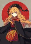  1girl black_dress chinese_clothes crescent dress hat junko_(touhou) long_hair long_sleeves looking_at_viewer okono orange_hair red_eyes sash smile solo tabard touhou wide_sleeves 