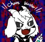  &gt;:d 1boy :d asriel_dreemurr black_sclera chibi english facial_mark fangs gyate_gyate heart_pendant horns jewelry lowres male_focus monster necklace open_mouth smile solo spoilers undertale weapon white_hair yaruky 