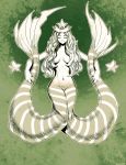  1girl artist_name breasts closed_eyes genzoman green groin holding_own_tail long_hair mermaid monochrome monster_girl multiple_tails navel outline smile solo star starbucks starbucks_siren tail 