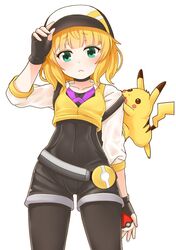  1girl baseball_cap black_legwear blonde_hair blush female_protagonist_(pokemon_go) fingerless_gloves gloves gochuumon_wa_usagi_desu_ka? green_eyes hat holding holding_poke_ball kirima_sharo leggings looking_at_viewer parody pikachu poke_ball pokemon pokemon_(creature) pokemon_go short_hair solo ug_(nekonekodou) white_background 