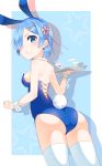  1girl animal_ears ass bare_shoulders blue_eyes blue_hair blush breasts bunny_girl bunny_tail bunnysuit detached_collar hair_ornament hair_over_one_eye highres kittysuit looking_at_viewer rabbit_ears re:zero_kara_hajimeru_isekai_seikatsu rem_(re:zero) short_hair solo tail tray white_legwear wrist_cuffs x_hair_ornament yasuto_(eria151) 