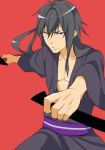  1boy black_hair japanese_clothes kimono kuromukuro maodaisuke obi ouma_kennosuke_tokisada red_eyes sash scar sheath sword weapon 