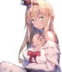  1girl bare_shoulders blonde_hair braid breast_hold breasts collarbone crown detached_sleeves dress flower french_braid from_side green_eyes hair_between_eyes hairband jewelry kantai_collection large_breasts long_hair long_sleeves midriff mini_crown necklace off_shoulder red_rose redcomet ribbon rose sitting smile solo thigh-highs warspite_(kantai_collection) white_dress white_legwear 