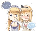  &gt;_&lt; 2girls bad_anatomy blonde_hair blush breasts cleavage closed_eyes covering_mouth english flying_sweatdrops headgear iowa_(kantai_collection) kantai_collection large_breasts long_hair multiple_girls open_mouth poorly_drawn profanity skyclad speech_bubble star star-shaped_pupils symbol-shaped_pupils violet_eyes warspite_(kantai_collection) wavy_mouth 
