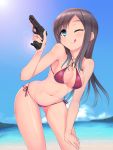  1girl :q ;q a9b_(louis814) absurdres bikini blue_eyes breasts brown_hair cleavage federica_n_doglio gun handgun highres leaning_forward long_hair looking_at_viewer navel one_eye_closed pistol red_bikini solo strike_witches swimsuit tongue tongue_out weapon weapon_request world_witches_series 