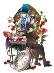  2boys alice_in_wonderland animal_ears black_hair blue_eyes cat cheshire_cat cup dessert dormouse flower food formal gl_ztoh gloves hat mad_hatter male_focus march_hare multiple_boys personification pocket_watch rabbit_ears scissors suit table teacup teapot tiramisu tray vest watch white_gloves white_hair 