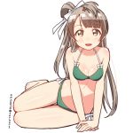  1girl :d arm_support artist_name bangs barefoot bikini blush bow breasts brown_eyes brown_hair cleavage green_bikini grey_hair hair_bow hair_ornament hair_ribbon hairpin halterneck hands_together long_hair looking_at_viewer love_live! love_live!_school_idol_project midriff minami_kotori one_side_up open_mouth simple_background sitting skull573 smile solo swimsuit topknot twitter_username white_background yokozuwari 