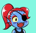  &gt;:d 1girl :d aqua_background blue_skin blush chibi eyepatch eyeshadow fangs gyate_gyate lowres makeup monster monster_girl open_mouth ponytail redhead simple_background smile solo tank_top undertale undyne upper_body yaruky yellow_sclera 