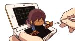 =_= androgynous brown_hair frisk_(undertale) handheld_game_console nintendo_3ds shirt simple_background solo ssalbulre striped striped_shirt stylus undertale white_background 
