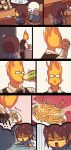  !! 2boys =_= androgynous bed blanket bow bowtie brown_hair comic french_fries frisk_(undertale) glasses grillby heart_print highres hood hoodie imagining korean left-to-right_manga monster_boy multiple_boys oil sans screaming shirt skeleton spitting ssalbulre steam striped striped_shirt sweat translation_request undertale waistcoat waking_up 