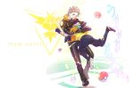  10s 2boys blonde_hair fingerless_gloves gloves highres hood hoodie hug jacket leg_up male_focus male_protagonist_(pokemon_go) multiple_boys one_eye_closed open_clothes open_jacket orange_gloves poke_ball pokemon pokemon_go spark_(pokemon) team_instinct visor_cap yoshimi 