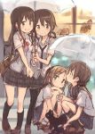  4girls black_hair blue_eyes brown_eyes brown_hair cat highres kyuri looking_at_another multiple_girls open_mouth original outstretched_arm rain smile squatting transparent_umbrella umbrella 