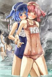  6+girls black_hair blue_eyes blue_hair blue_swimsuit blush bow flat_chest hair_bow hat horns incest kawashiro_mitori kawashiro_nitori multiple_girls old_school_swimsuit one-piece_swimsuit original pink_eyes pink_hair pink_swimsuit pointy_ears ribs school_swimsuit short_hair smile swimsuit touhou towel translation_request two_side_up white_swimsuit yohane yuri 