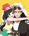  10s 1boy 1girl :d black_hair dark_skin dark_skinned_male earrings eyelashes female_protagonist_(pokemon_sm) glasses guzuma_(pokemon) hat hug jewelry looking_at_viewer noyeshr open_mouth pokemon pokemon_(game) pokemon_sm shorts smile sunglasses sunglasses_on_head white_hair 