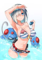  1girl arm_up armpits bare_shoulders belt bikini blue_eyes breasts crossover dripping hair_ornament hair_over_one_eye hairclip hamakaze_(kantai_collection) holding holding_poke_ball kantai_collection large_breasts looking_at_viewer navel poke_ball pokemon pokemon_(creature) sakamoto-cat short_hair silver_hair standing striped striped_bikini swimsuit tentacle tentacool tentacruel wet 