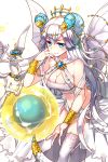  1girl ball blue_eyes bracelet breasts cleavage crown dragon dragon_horns elizabeth_(soccer_spirits) gl_ztoh grin hair_ornament hand_on_own_cheek highres horn horns jewelry long_hair looking_at_viewer navel smile soccer_ball soccer_spirits tail white_hair white_legwear wings 