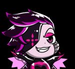  1boy :3 :d android black_background brown_eyes chibi eyelashes fang gyate_gyate hair_over_one_eye looking_at_viewer lowered_eyelids lowres male_focus mettaton mettaton_neo open_mouth parted_lips purple_hair robot smile solo spoilers undertale upper_body yaruky 