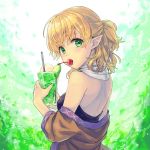  1girl akidzuki_haruhi back bare_shoulders blonde_hair blush breasts cherry commentary_request cup drink drinking_glass drinking_straw food food_in_mouth fruit green_eyes highres looking_at_viewer looking_to_the_side medium_breasts mizuhashi_parsee mouth_hold off_shoulder pointy_ears scarf short_ponytail solo touhou upper_body 