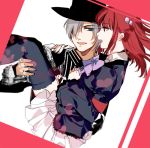  1boy 1girl amakusa_juuza armband black_legwear blue_eyes bow carrying hair_bobbles hair_ornament hair_over_one_eye hat hug_(yourhug) open_mouth pleated_skirt princess_carry redhead silver_hair skirt smile thigh-highs umineko_no_naku_koro_ni ushiromiya_ange 