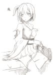  1girl bangs bare_legs breasts flight_deck hiryuu_(kantai_collection) japanese_clothes kantai_collection kimono long_sleeves lynchis medium_breasts monochrome short_hair short_kimono side_ponytail sitting sketch squiggle torn_clothes torn_kimono torn_sleeve wide_sleeves 