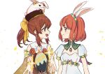  2girls animal_ears bow brown_eyes brown_hair delthea_(fire_emblem) dress easter_egg egg eyebrows_visible_through_hair fake_animal_ears fire_emblem fire_emblem:_mystery_of_the_emblem fire_emblem_echoes:_shadows_of_valentia fire_emblem_heroes hair_bow highres hoshigaki_(hsa16g) long_hair looking_at_another maria_(fire_emblem) multiple_girls official_alternate_costume ponytail rabbit_ears red_eyes redhead short_hair smile upper_body white_background white_dress 