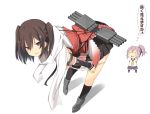  2girls aoba_(kantai_collection) black_skirt brown_eyes brown_hair chibi elbow_gloves gloves hair_ornament kantai_collection kyuchan leaning_forward long_hair multiple_girls open_mouth panties panty_pull remodel_(kantai_collection) scarf school_uniform sendai_(kantai_collection) serafuku skirt solo_focus sweat torpedo translation_request two_side_up underwear undressing white_panties white_scarf 