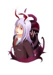  1girl absurdres animal_ears blazer crescent crescent_moon_pin flat_chest highres jacket lips long_hair looking_at_viewer necktie open_mouth pocket purple rabbit_ears red_eyes red_necktie reisen_udongein_inaba shaded_face silhouette simple_background solo teeth torinosuke touhou upper_body violet_eyes waveform white_background 