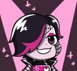  &gt;:3 &gt;:d 1boy :3 :d android black_hair brown_eyes chibi eyelashes eyeshadow fang grey_skin grin gyate_gyate hair_over_one_eye looking_at_viewer lowres makeup male_focus mettaton mettaton-ex mettaton_ex multicolored_hair open_mouth pink_background robot smile solo sparkle spoilers spotlight two-tone_hair undertale upper_body yaruky 