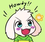  &gt;:d 1boy :&gt; :d asriel_dreemurr blue_eyes blush blush_stickers chibi child fangs flower flowey_(undertale) green_background gyate_gyate lowres male_focus monster open_mouth shirt simple_background smile solo striped striped_shirt undertale white_hair yaruky 