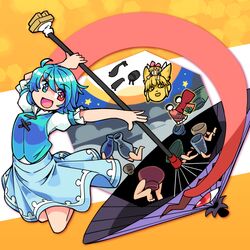  1girl blue_hair dress heterochromia ini_(inunabe00) karakasa_obake open_mouth short_hair short_sleeves su-san tatara_kogasa touhou toyosatomimi_no_miko umbrella vest 