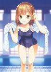  1girl bangs bare_shoulders blush bouzu_(bonze) breasts brown_eyes brown_hair collarbone commentary_request competition_school_swimsuit highres leaning_forward looking_at_viewer one-piece_swimsuit open_mouth original polka_dot school_swimsuit short_hair smile solo standing swimsuit towel wet 