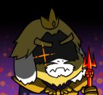  1boy asgore_dreemurr beard blonde_hair chibi crown eyebrows facial_hair fangs frown glint gyate_gyate lowres male_focus monster polearm shaded_face solo spoilers trident undertale weapon white_hair yaruky 