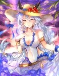  1girl animal_ears armlet bangle blush bracelet breasts cat_ears cleavage clouds erect_nipples erun_(granblue_fantasy) granblue_fantasy hair_tubes heles highres jewelry large_breasts leaf long_hair silver_hair sky smile solo sweetroad swimsuit twilight white_swimsuit yellow_eyes 