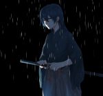  0218htt 1girl alternate_eye_color black_background blue_hair brown_eyes heterochromia highres japanese_clothes katana long_hair love_live! love_live!_school_idol_project parted_lips rain ready_to_draw solo sonoda_umi sword weapon wet 