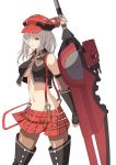  &gt;:( 1girl alisa_ilinichina_amiella black_boots black_legwear black_vest blue_eyes boots breasts brown_legwear cowboy_shot elbow_gloves fingerless_gloves gloves god_eater groin hat hirame_sa holding holding_sword holding_weapon huge_weapon large_breasts long_hair looking_at_viewer midriff miniskirt navel pantyhose plaid plaid_hat plaid_skirt sheer_legwear silver_hair skirt solo suspender_skirt suspenders suspenders_slip sword thigh-highs thigh_boots under_boob weapon white_background 