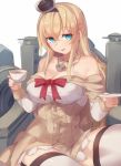 1girl bare_shoulders blonde_hair blue_eyes braid breasts cleavage corset covered_navel crown cup dress flower french_braid hair_between_eyes hairband holding holding_cup jewelry kantai_collection large_breasts long_hair long_sleeves mini_crown necklace off-shoulder_dress off_shoulder open_mouth red_ribbon red_rose ribbon rose sitting smile solo teacup throne warspite_(kantai_collection) white_dress white_legwear yamaarashi 