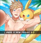  10s 1boy ;) alolan_raichu beach blue_eyes blush jewelry male_focus navel necklace nipples ocean one_eye_closed palm_tree pokemon pokemon_(creature) pokemon_(game) pokemon_go pokemon_sm raichu sand self_shot shirtless sky smile snapchat spark_(pokemon) sweat tree upper_body water zhineart 