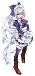  1girl albino apron bad_anatomy bow copyright_request doa_(wabisabi) dress from_above gloves highres juliet_sleeves long_sleeves maid pale_skin puffy_sleeves red_eyes short_dress simple_background solo thigh-highs underbust white_background white_hair zettai_ryouiki 