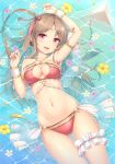 1girl :d armlet armpits bare_shoulders bikini breasts brown_hair circlet cleavage collarbone flower highres jewelry leg_garter long_hair looking_at_viewer lying medium_breasts nail_polish navel on_back open_mouth original partially_submerged pendant pink_eyes red_bikini sand-rain sasaame shiny shiny_skin smile solo swimsuit thigh_gap water wet wrist_cuffs 