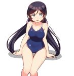  1girl :d aqua_eyes artist_name black_hair blue_eyes competition_school_swimsuit long_hair love_live! love_live!_school_idol_project open_mouth scrunchie simple_background sitting skull573 smile solo swimsuit toujou_nozomi twintails twitter_username white_background 