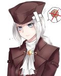  1girl bandage bloodborne blue_eyes hat highres lady_maria_of_the_astral_clocktower long_hair looking_at_viewer neit_ni_sei pale_skin ponytail solo tears the_old_hunters white_hair 