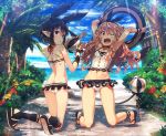  2girls ;d animal_ears arms_up ass back ball beachball bikini black_hair breasts brown_hair butt_crack clouds crop_top day demon_tail extra_ears fang flip-flops frilled_bikini frills hair_ribbon halter_top halterneck highres holding innertube kneeling long_hair looking_at_viewer looking_back md5_mismatch messy_hair multiple_girls narumi_arata navel ocean on_ground one_eye_closed open_mouth original outdoors palm_tree path plant pointy_ears red_eyes ribbon road sandals shoe_soles short_hair shoulder_blades sky small_breasts smile sunlight swimsuit tail tree violet_eyes wings wrist_cuffs wristband 