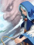  1boy 1girl amino_(tn7135) blue_eyes blue_hair grin holding hood hoop jewelry kesa kumoi_ichirin pendant smile touhou unzan 