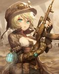  1girl aqua_eyes belt black_gloves breasts cleavage fingerless_gloves gloves goggles goggles_on_hat green_hair gun holding holding_gun holding_weapon kikugetsu original outdoors parted_lips pouch rifle short_hair solo steampunk trigger_discipline twitter_username upper_body weapon 